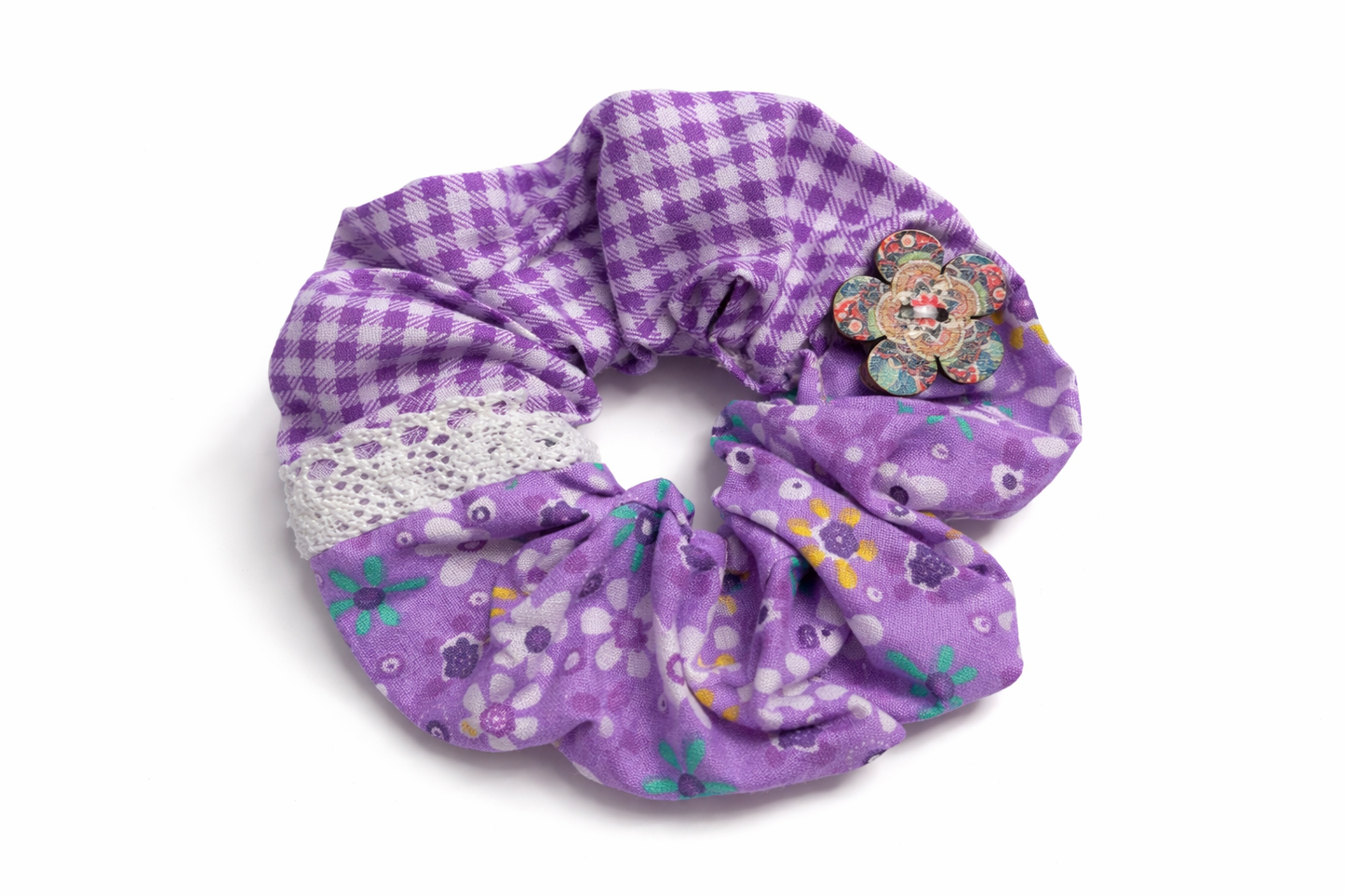 Scrunchie Handgefertigt aus 100 % Baumwolle Lila Kariert