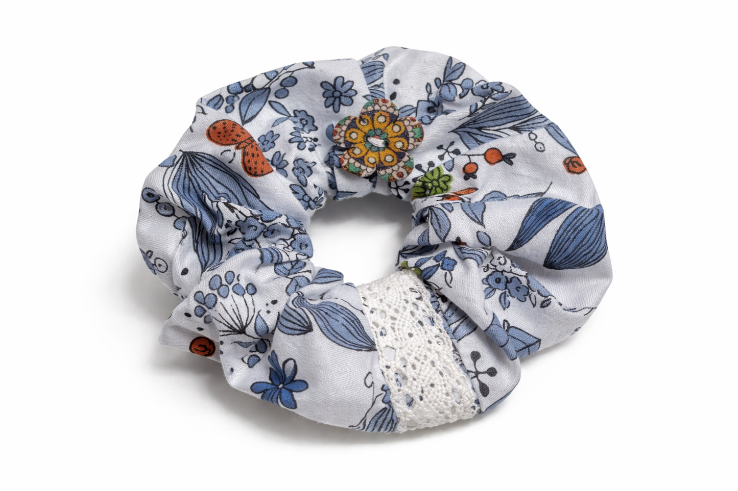 Scrunchie Handgefertigt aus 100 % Baumwolle Hellblau mit Blumenmuster
