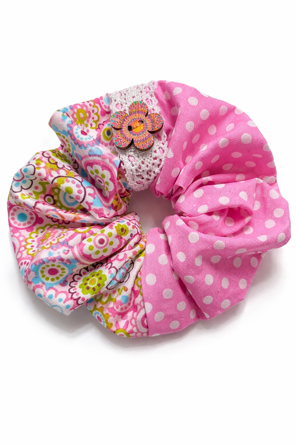 Scrunchie Handgefertigt aus 100 % Baumwolle pink mit Blumen und gepunktet