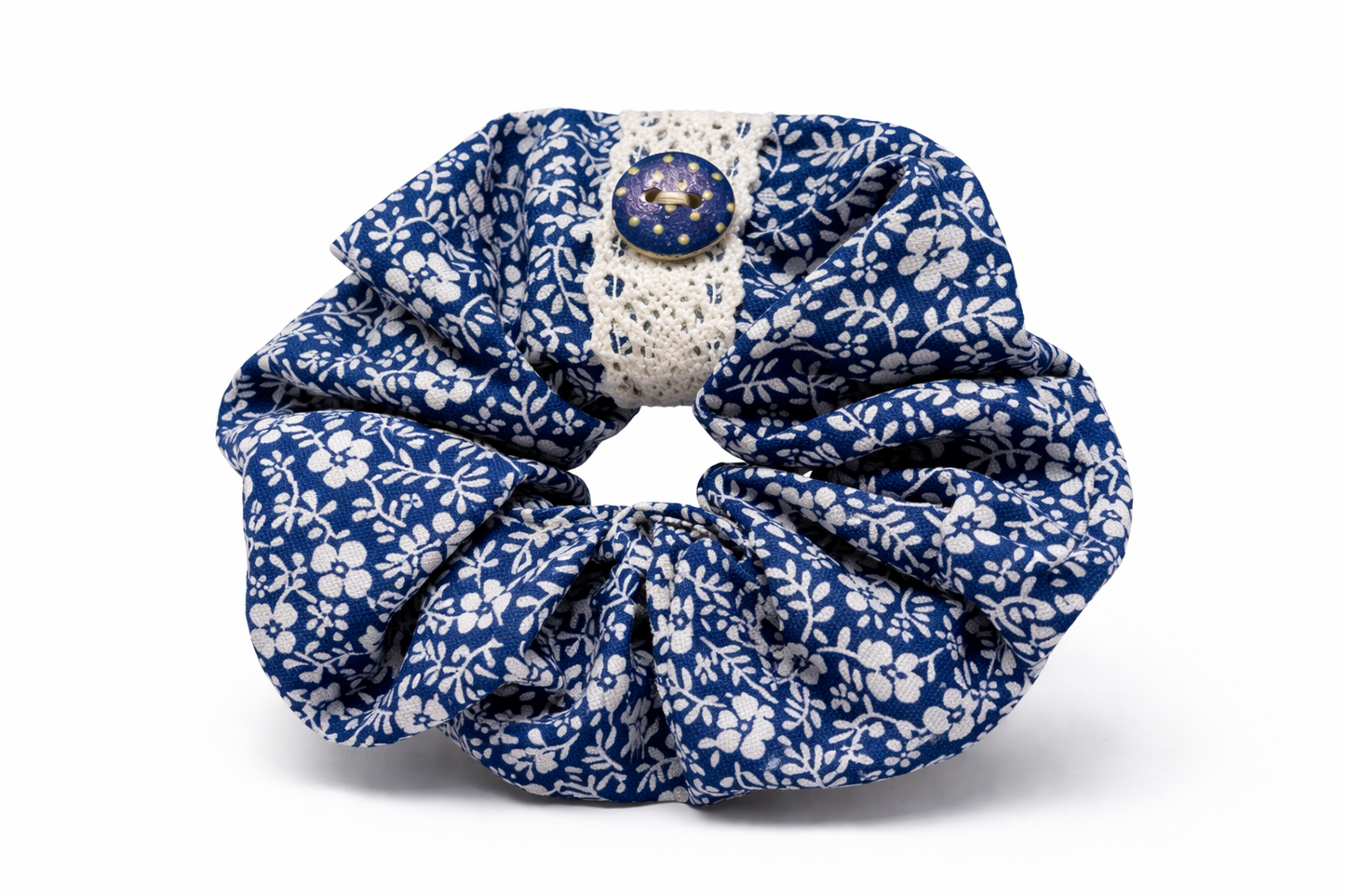 Scrunchie Handgefertigt aus 100 % Baumwolle dunkelblau mit weißen Blümchen
