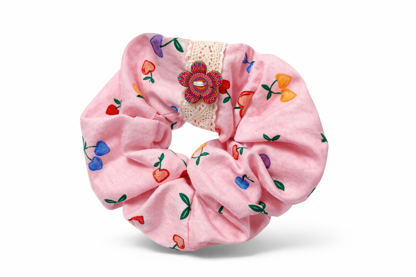 Scrunchie Handgefertigt aus 100 % Baumwolle rosa mit kleinen Kirschen