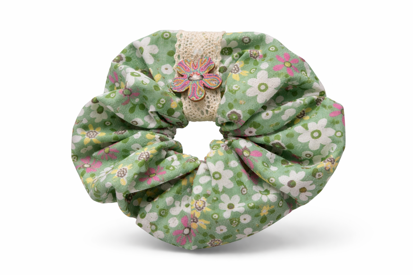 Scrunchie Handgefertigt aus 100 % Baumwolle hellgrün mit Blumen