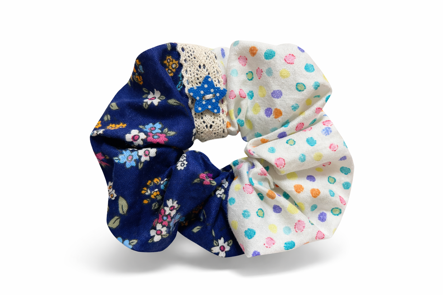 Scrunchie Handgefertigt aus 100 % Baumwolle dunkelblau und gepunktet