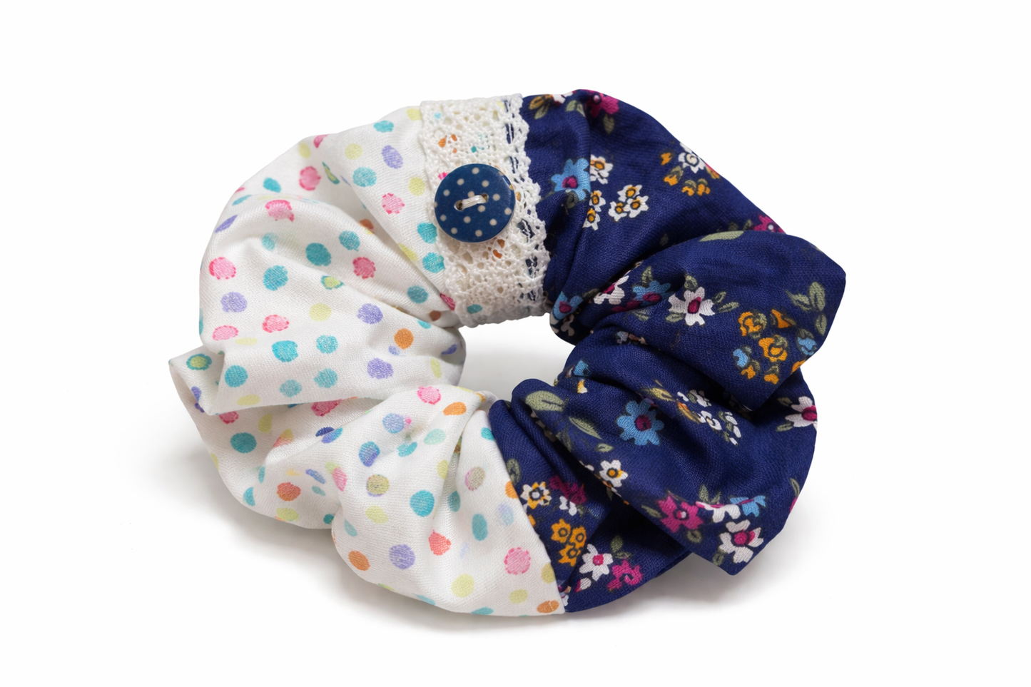 Scrunchie Handgefertigt aus 100 % Baumwolle dunkelblau und gepunktet