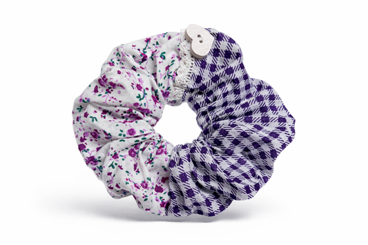 Scrunchie Handmade from 100% Cotton White and Purple Checkered