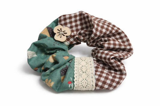 Scrunchie Handmade from 100% Cotton White Green and Dark Brown