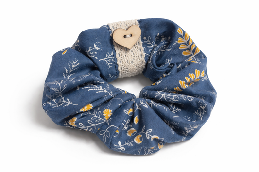 Scrunchie Handgefertigt aus 100 % Baumwolle Dunkelblau mit Blumenmuster