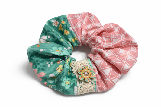 Scrunchie Handgefertigt aus 100 % Baumwolle Grün und Rosa