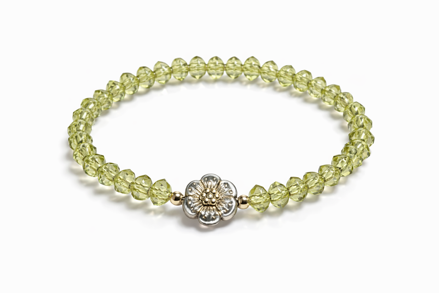 Armband hellgrün mit Blume und goldenen Details