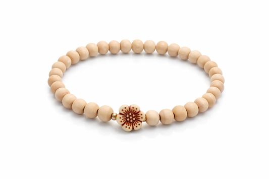 Bracelet made of natural wooden beads and flower