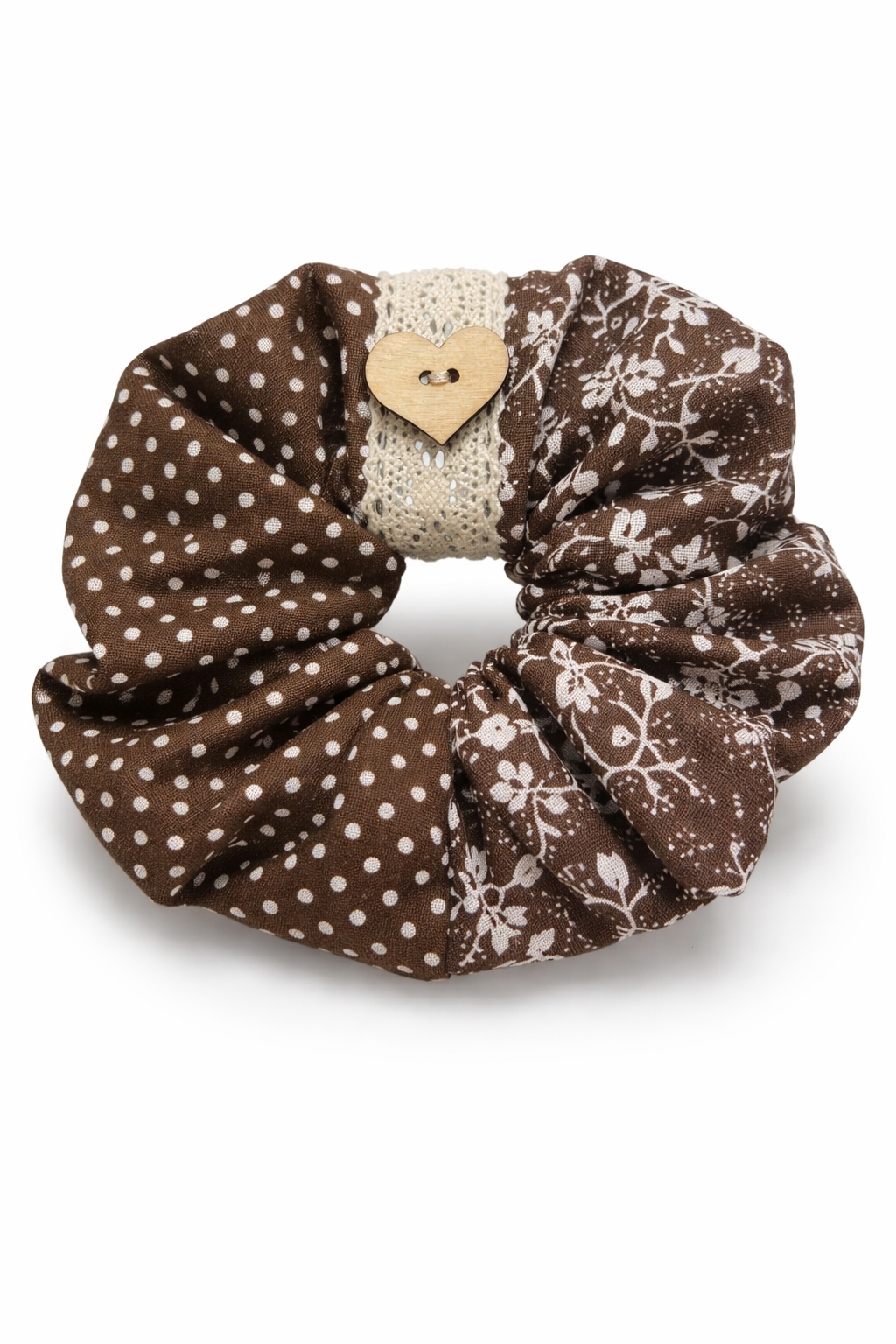 Scrunchie Handgefertigt aus 100 % Baumwolle braun mit kleinen weißen Blumen gepunktet