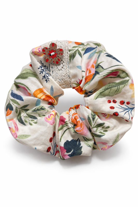 Scrunchie Handmade from 100% cotton white floral