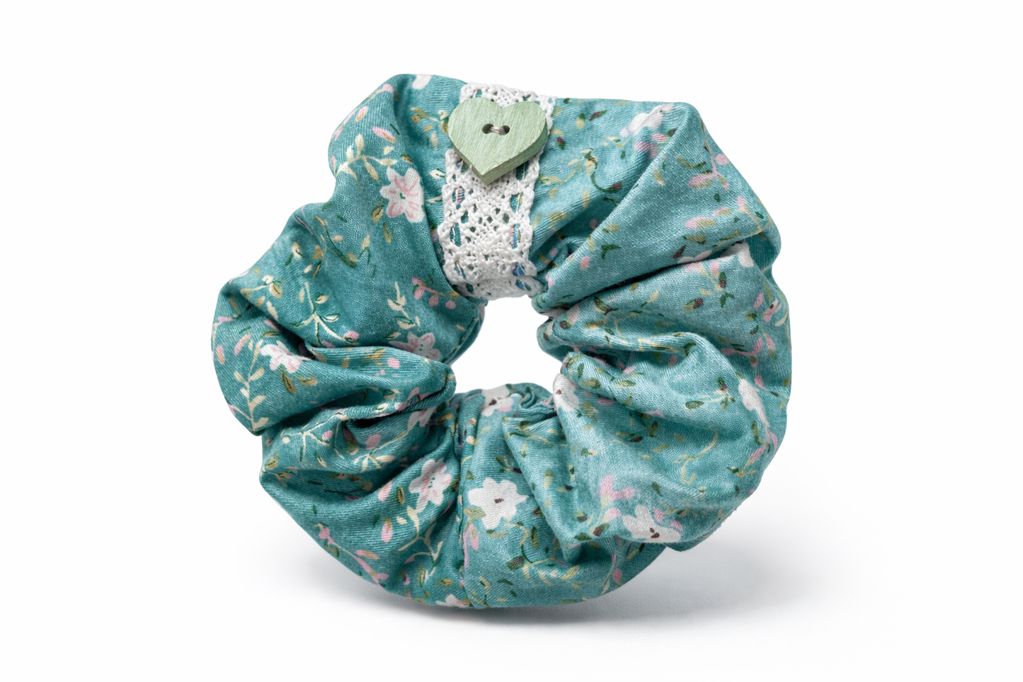 Scrunchie Handgefertigt aus 100 % Baumwolle türkis mit weißen Blumen