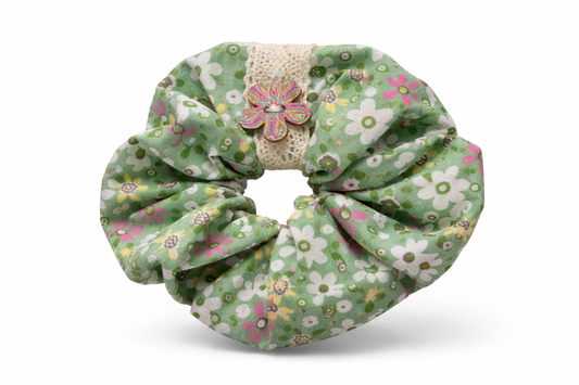 Scrunchie Handgefertigt aus 100 % Baumwolle hellgrün mit Blumen