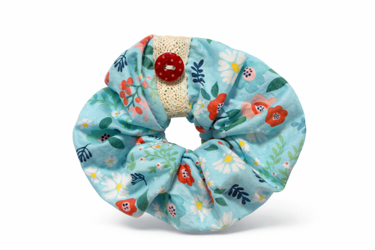 Scrunchie Handgefertigt aus 100 % Baumwolle hellblau mit Blumen