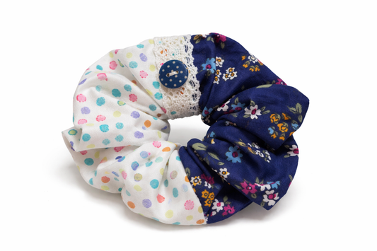Scrunchie Handgefertigt aus 100 % Baumwolle dunkelblau und gepunktet