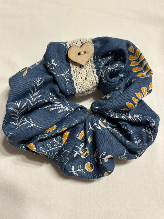 Scrunchie Handgefertigt aus 100 % Baumwolle Dunkelblau mit Blumenmuster