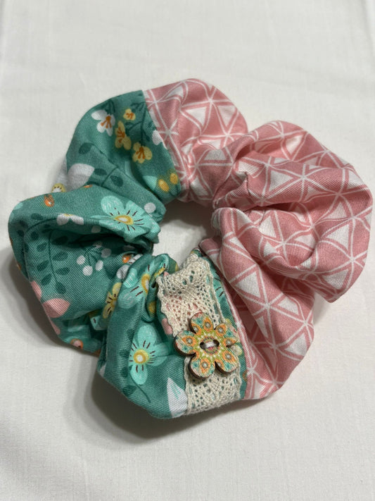 Scrunchie Handgefertigt aus 100 % Baumwolle Grün und Rosa